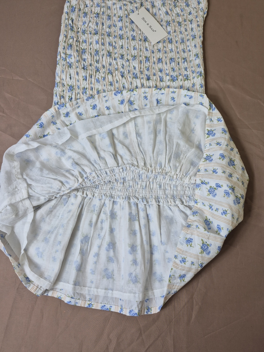 Sim & Sam Blue Floral Smocked Drop Waist Mini Dress, Small - Picture 6 of 7